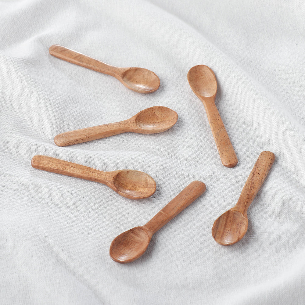 Set of 6 - Handcarved Natural Neem Wood Masala Spoons (3 in)