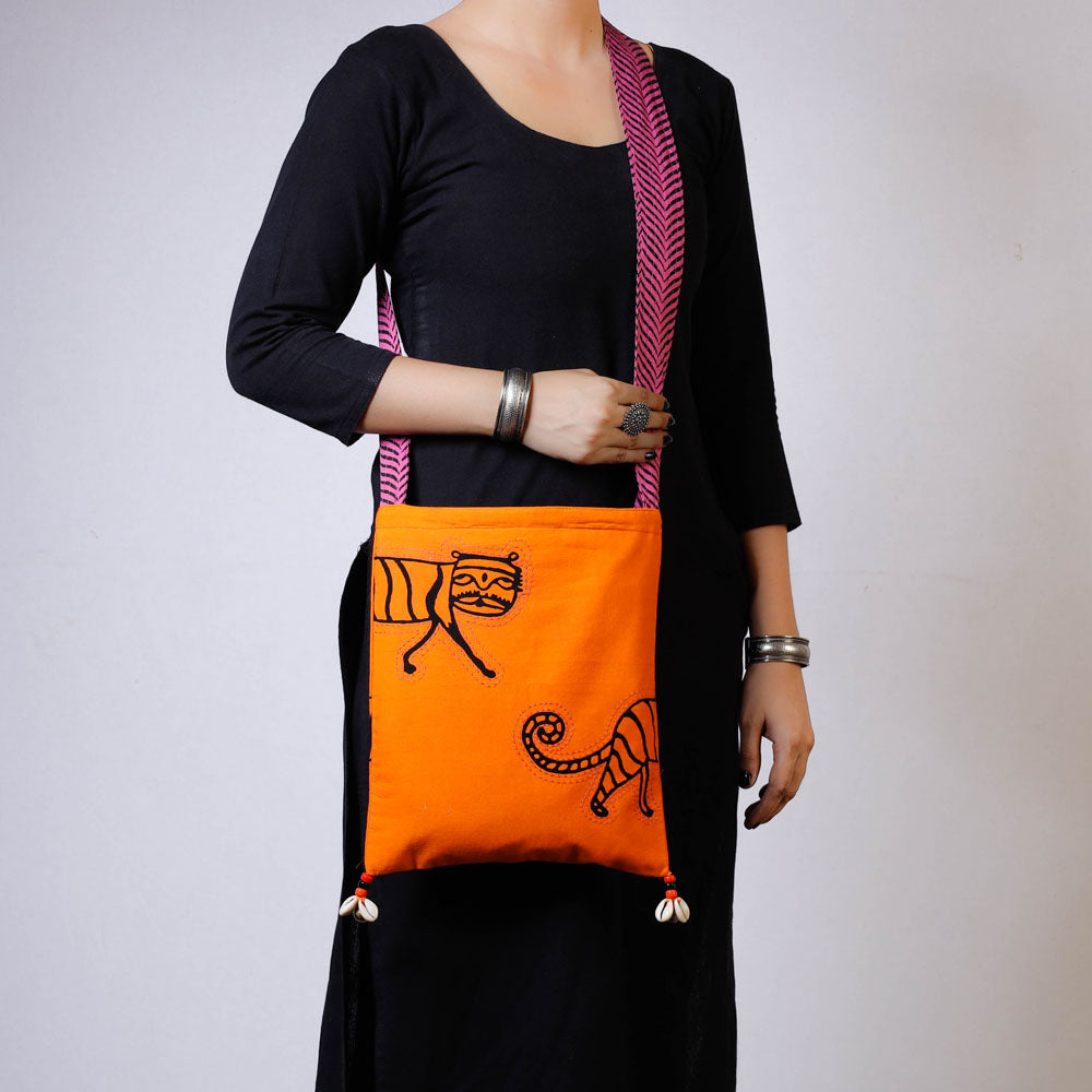 Orange - Kantha Work Block Print Cotton Sling Bag