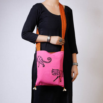 Pink - Kantha Work Block Print Cotton Sling Bag