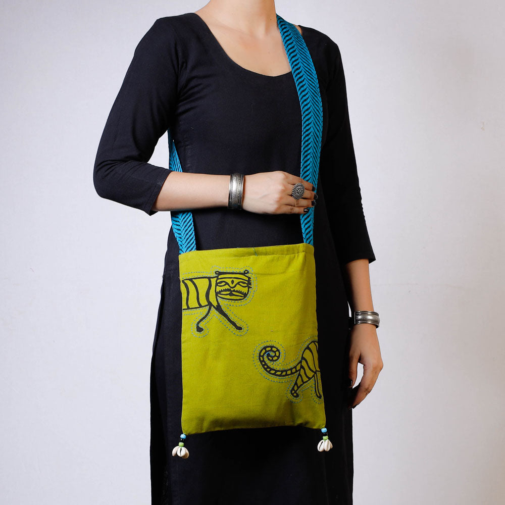 Buy Kantha Work Block Print Cotton Sling Bag l iTokri.com