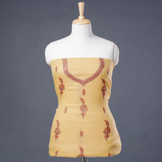 Yellow - Kashidakari Hand Embroidery Handloom Kota Doria Kurti Material - 2.6 M