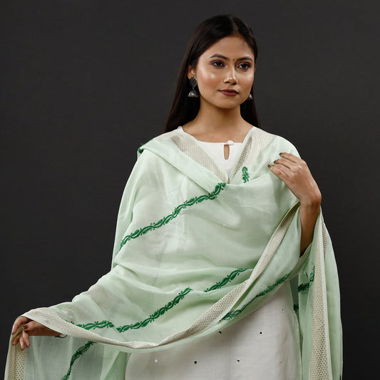 Green - Lucknow Chikankari Hand Embroidery Maheshwari Silk Handloom Dupatta
