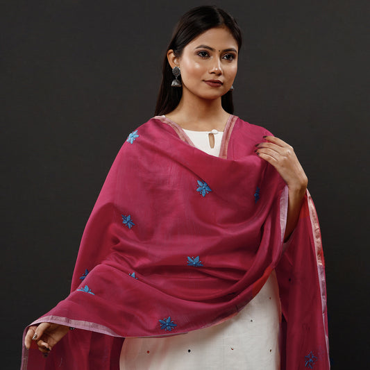 Pink - Lucknow Chikankari Hand Embroidery Maheshwari Silk Handloom Dupatta