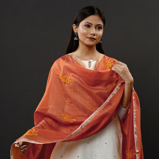 Orange - Lucknow Chikankari Hand Embroidery Maheshwari Silk Handloom Dupatta
