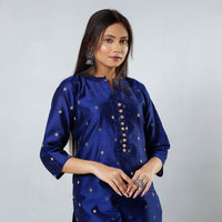 Dark Blue - Polka Zari Butta Spun Dupion Silk Long Straight Kurta