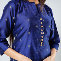 Dark Blue - Polka Zari Butta Spun Dupion Silk Long Straight Kurta