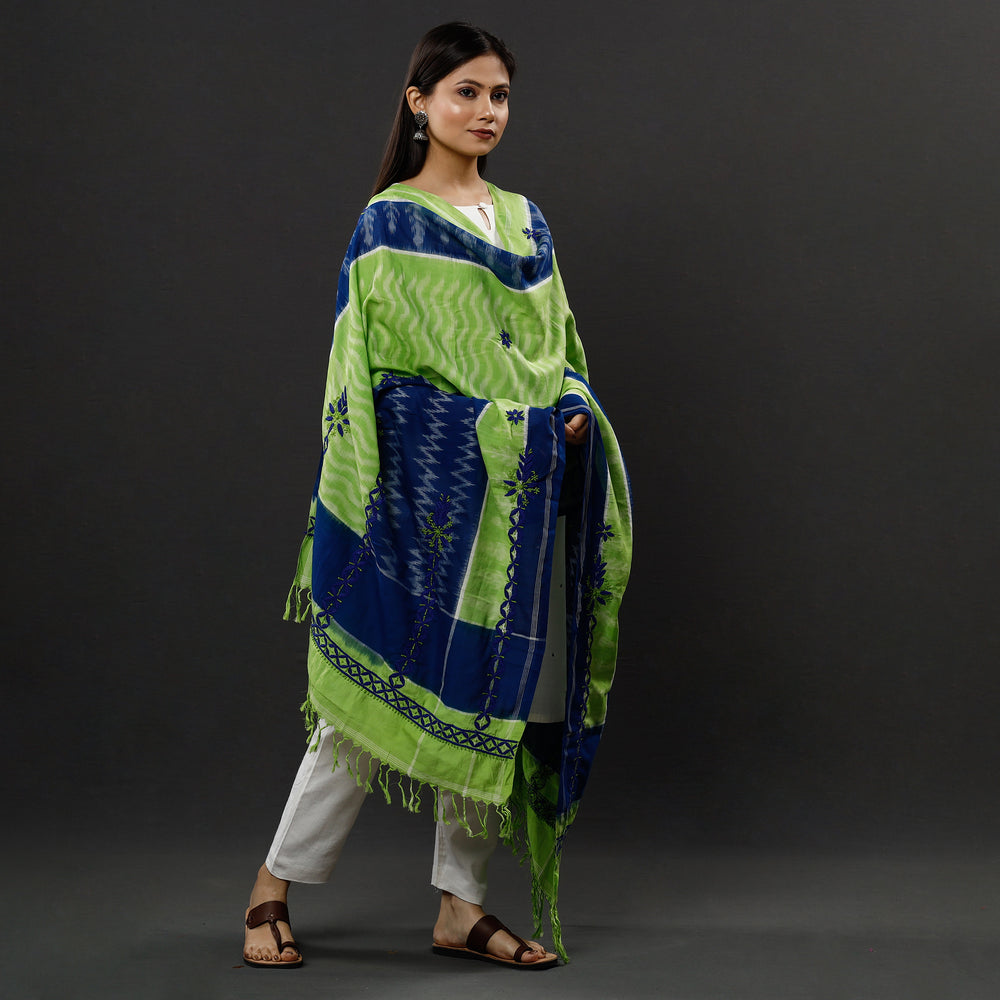 Green - Lucknow Chikankari Hand Embroidery Ikat Cotton Dupatta