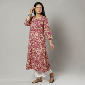 Buy Pink Texture Kalamkari Printed Cotton Kurta For Women