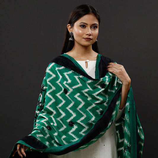 Green - Lucknow Chikankari Hand Embroidery Ikat Cotton Dupatta
