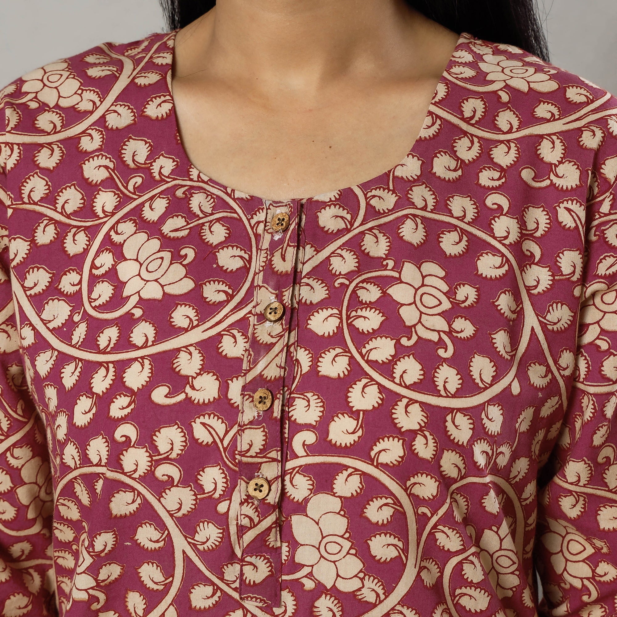 Buy Pink Texture Kalamkari Printed Cotton Kurta For Women