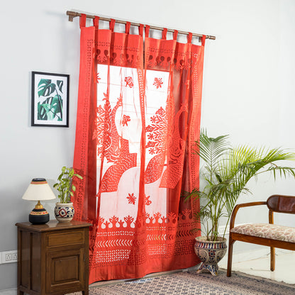 Red - Applique Peacock Cutwork Door Curtain from Barmer (7 x 3.5 feet) (single piece)