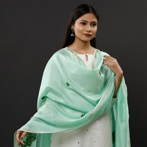 Green - Lucknow Chikankari Hand Embroidery Maheshwari Silk Handloom Dupatta