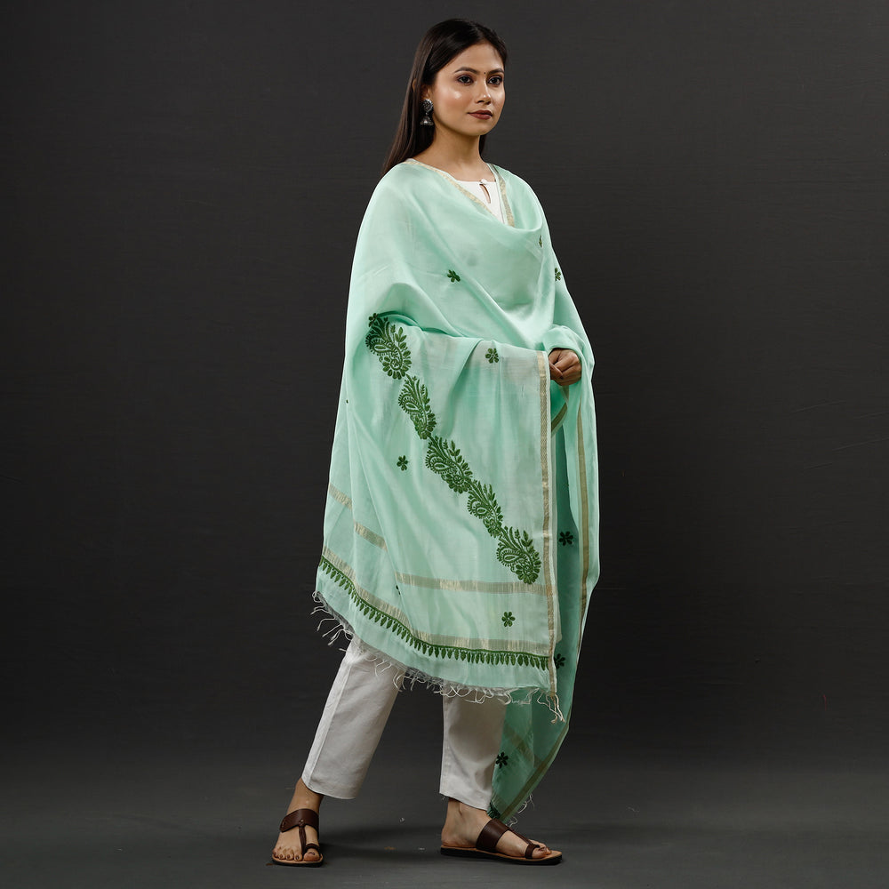 Green - Lucknow Chikankari Hand Embroidery Maheshwari Silk Handloom Dupatta