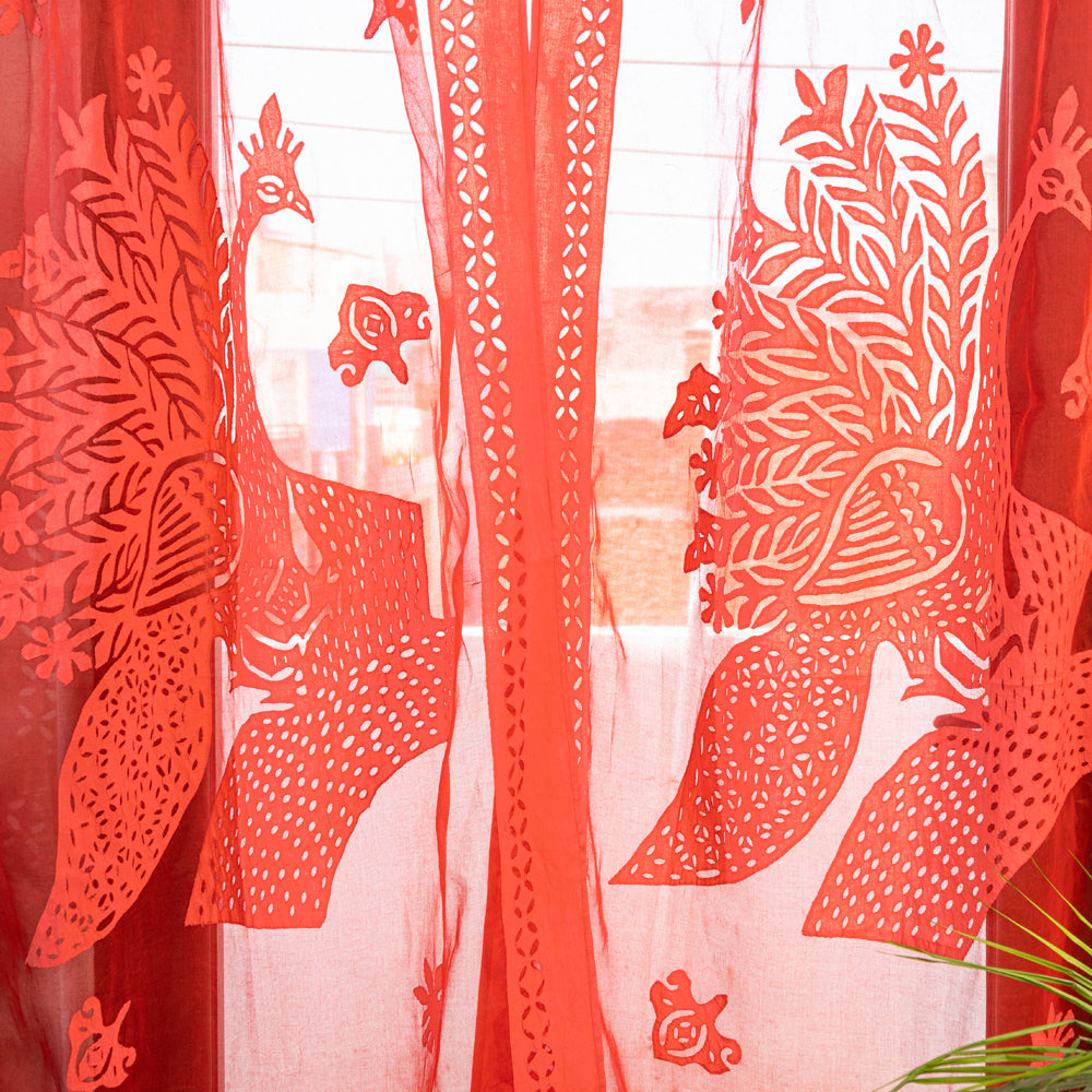 Red - Applique Peacock Cutwork Door Curtain from Barmer (7 x 3.5 feet) (single piece)