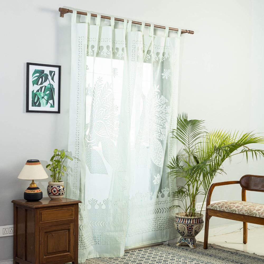 White - Applique Peacock Cutwork Door Curtain from Barmer (7 x 3.5 feet) (single piece)