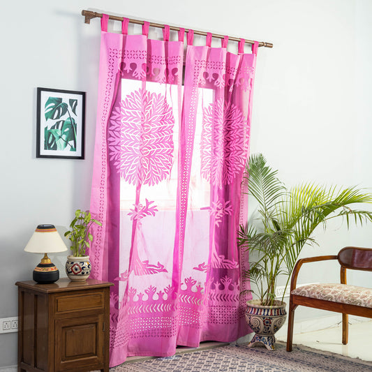 Pink - Applique Tree Cutwork Door Curtain from Barmer (7 x 3.5 feet) (single piece)
