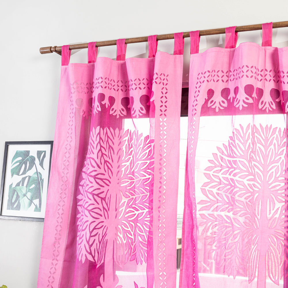 Pink - Applique Tree Cutwork Door Curtain from Barmer (7 x 3.5 feet) (single piece)