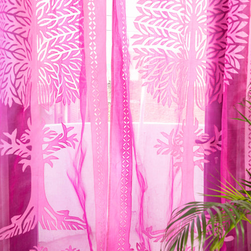 Pink - Applique Tree Cutwork Door Curtain from Barmer (7 x 3.5 feet) (single piece)