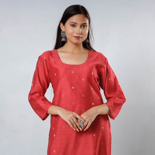 Reddish Pink Polka Zari Butta Spun Dupion Silk Long Kurta