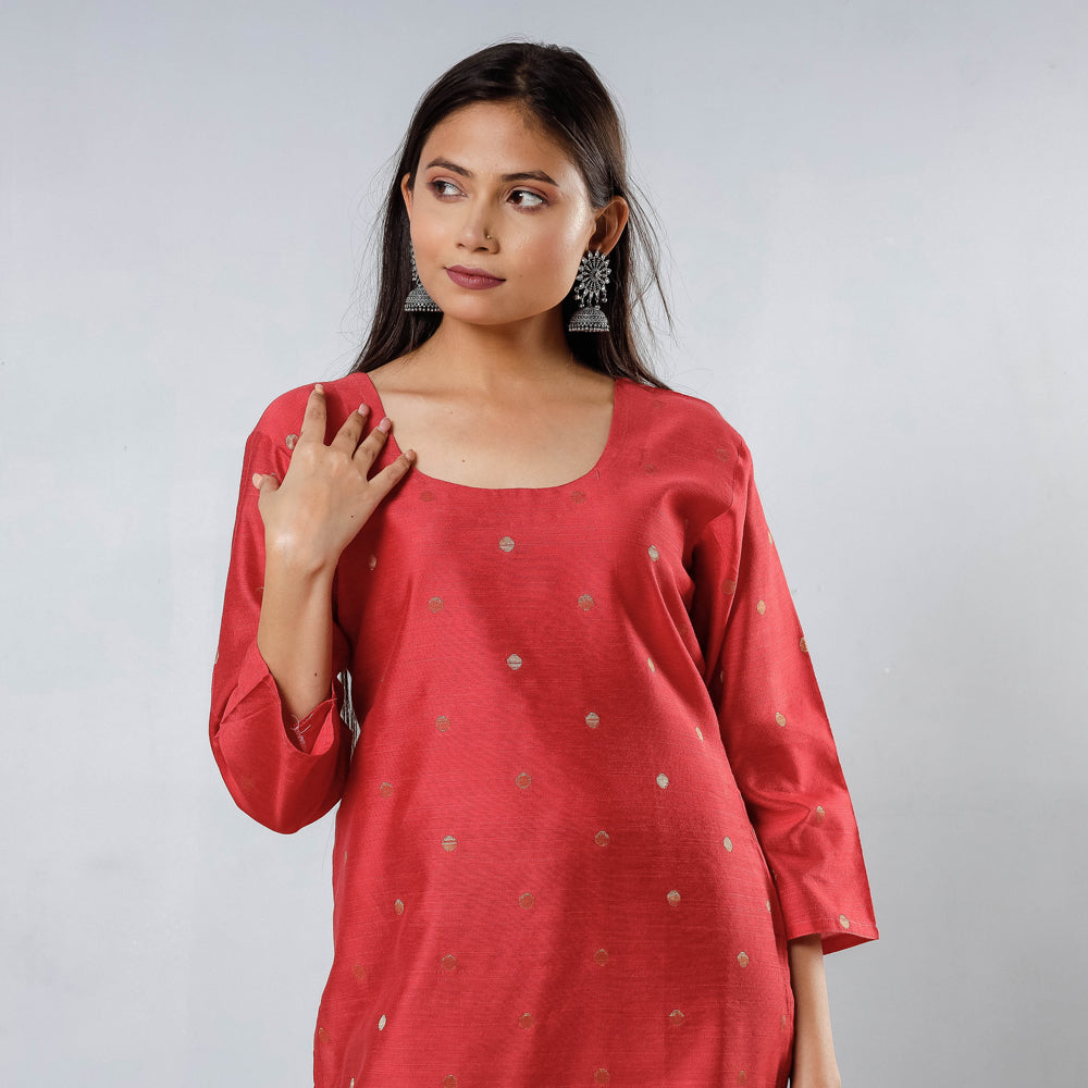 Reddish Pink Polka Zari Butta Spun Dupion Silk Long Kurta