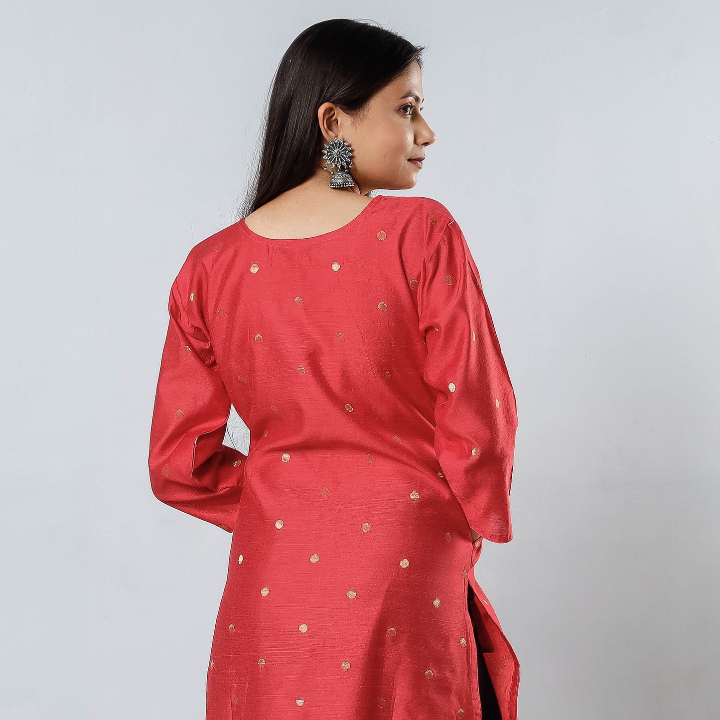 Reddish Pink Polka Zari Butta Spun Dupion Silk Long Kurta