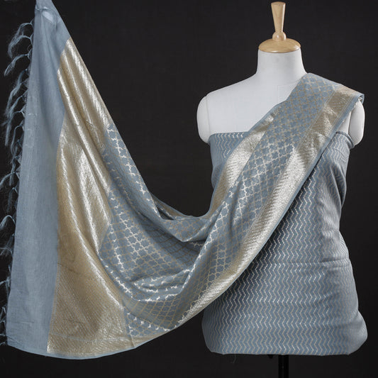 Grey - 2pc Banarasi Zari Work Cotton x Viscose Suit Material Set