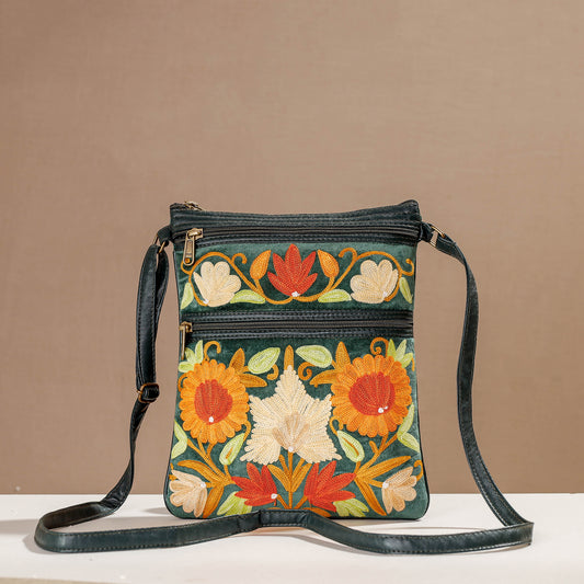 Green - Original Chain Stitch Embroidery Leather & Velvet Sling Bag