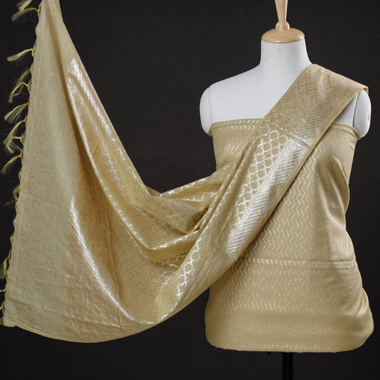 Beige - 2pc Banarasi Zari Work Cotton x Viscose Suit Material Set