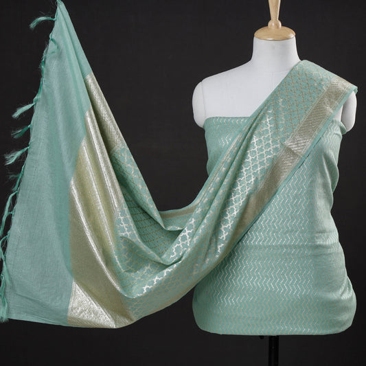 Green - 2pc Banarasi Zari Work Cotton x Viscose Suit Material Set
