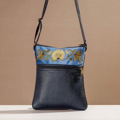 Blue - Original Chain Stitch Embroidery Leather & Velvet Sling Bag