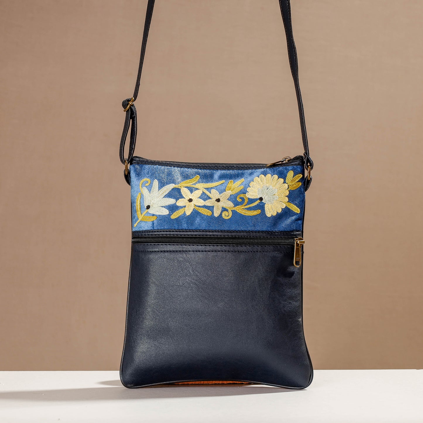Blue - Original Chain Stitch Embroidery Leather & Velvet Sling Bag