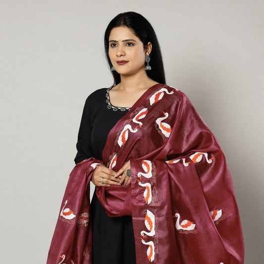 Maroon - Bengal Kantha Embroidery Tussar Silk Handloom Dupatta