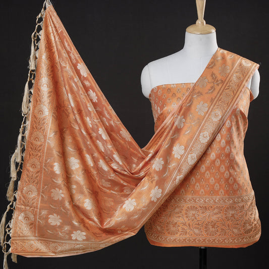 Orange - 3pc Banarasi Tanchoi & Jaal Buti Silk Cotton Suit Material Set