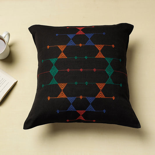 Black - Urmul Kashida Stitch Handloom Cotton Cushion Cover (16 x 16 in)