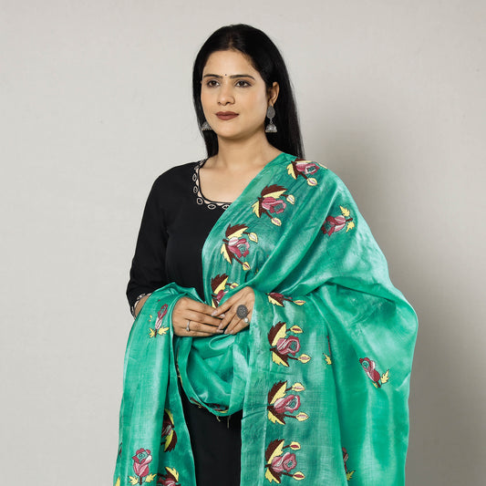 Green - Bengal Kantha Embroidery Tussar Silk Handloom Dupatta