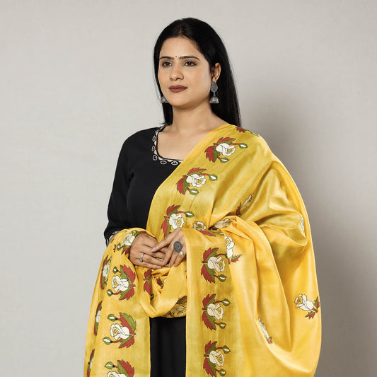Yellow - Bengal Kantha Embroidery Tussar Silk Handloom Dupatta