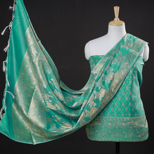 Green - 3pc Banarasi Tanchoi & Jaal Buti Silk Cotton Suit Material Set