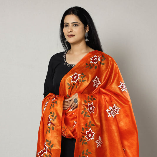 Orange - Bengal Kantha Embroidery Tussar Silk Handloom Dupatta