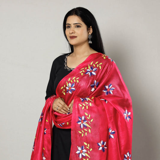 Pink - Bengal Kantha Embroidery Tussar Silk Handloom Dupatta