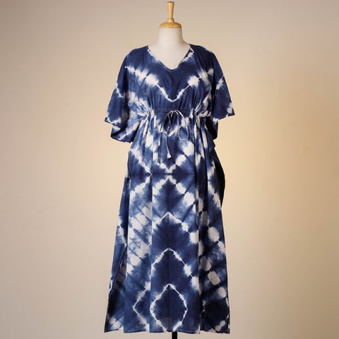 Blue - Shibori Tie-Dye Cotton Kaftan with Tie-Up Waist (Long)