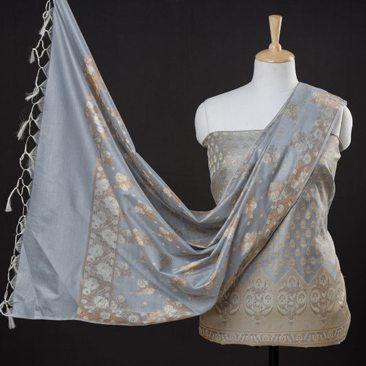 Grey - 3pc Banarasi Tanchoi & Jaal Buti Silk Cotton Suit Material Set