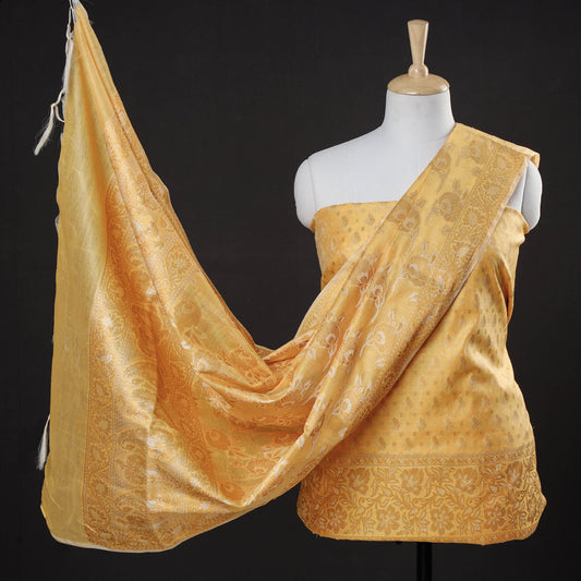 Yellow - 3pc Banarasi Tanchoi & Jaal Buti Silk Cotton Suit Material Set