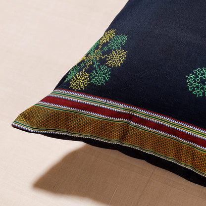 Black - Gavanti Kasuti Embroidery Cotton Cushion Cover (16 x 16 in)