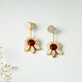 Golden Plated Seep Pearl & Onyx Natural Stone Earrings