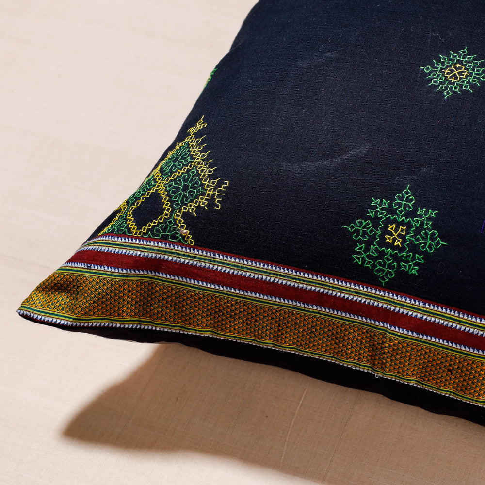 Blue - Gavanti Kasuti Embroidery Cotton Cushion Cover (16 x 16 in)