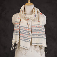 White - Authentic Dhakai Muslin Jamdani Handwoven Pure Cotton Stole with Tassels