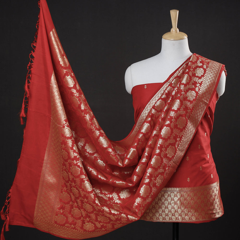 Red - 3pc Banarasi Jaal & Buti Cutwork Zari Work Silk Suit Material Set