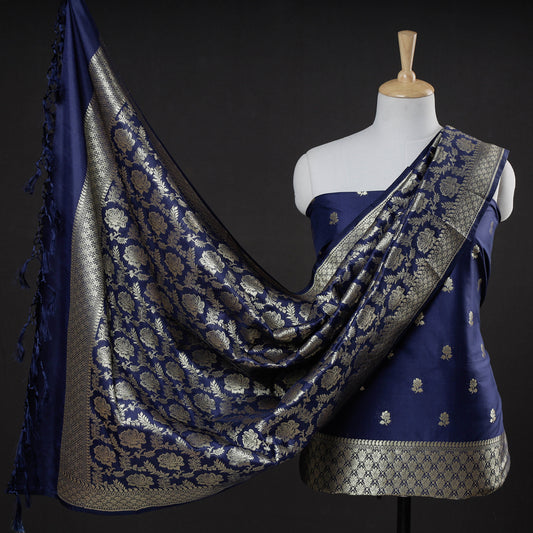 Blue - 3pc Banarasi Jaal & Buti Cutwork Zari Work Silk Suit Material Set
