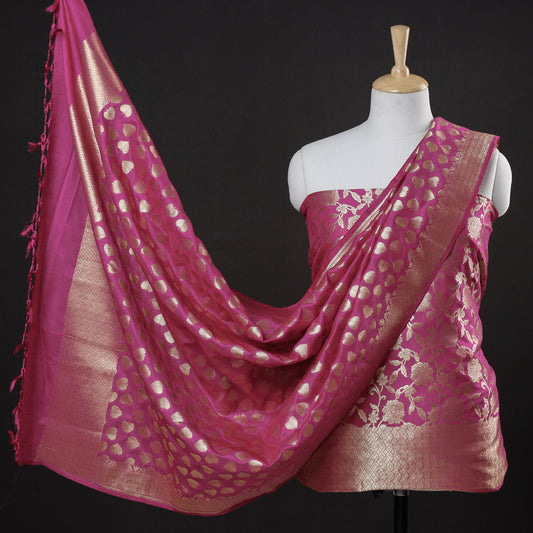 Pink - 3pc Banarasi Jaal & Buti Cutwork Zari Work Silk Suit Material Set