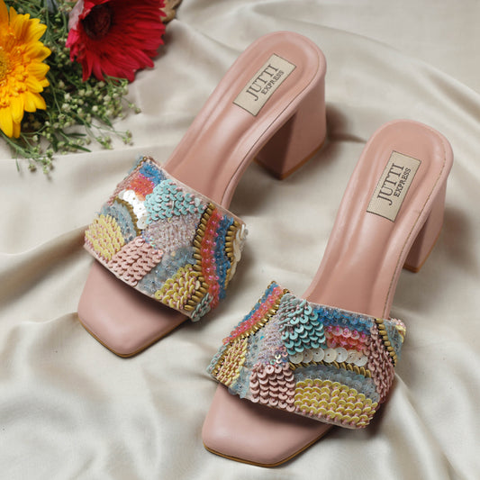 Carnation Peach Heels Handstitched Embroidered Sandal